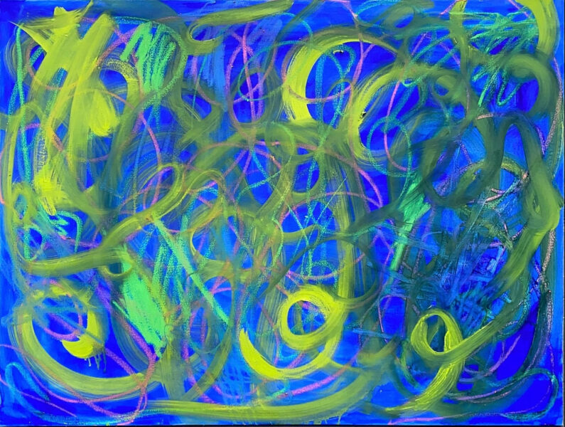 Abstract painting of green and pink swirls against a blue background.