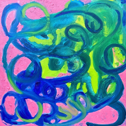 Abstract painting of pink blue and green swirls across the canvas.