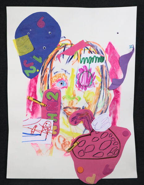 A colorful drawing of a human head with cut paper, crayons, child-like drawings and letters and numbers.