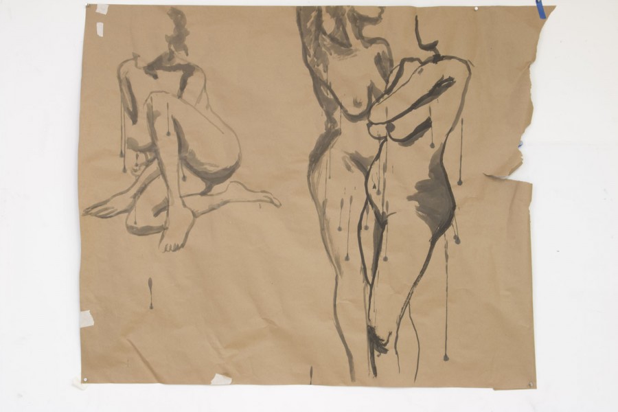 A brow sheet of paper illustrating three nude women, one sitting on her bent leg under her and the other leg raised to the shoulder level exposing only one breast, the other two women are standing and in a side hug positionA brow sheet of paper illustrating three nude women, one sitting on her bent leg under her and the other leg raised to the shoulder level exposing only one breast. The other two women are standing and in a side hug position