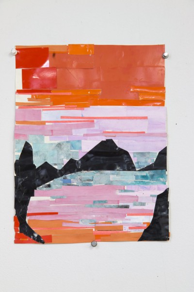 Abstract painting made of horizontal rectangular paper and tape pieces like a mosaic, with red, orange, pink, green, and black elements.