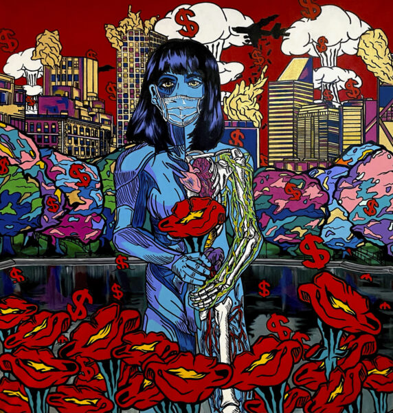 A dark-haired figure with blue and transparent skin stands in field of red flowers, facing forward and wearing surgical mask. In the background an airplane drops bombs on a modern cityscape. Dollar signs float about and mushroom clouds rise in front of a red background.