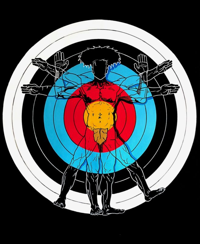 Painting of a man Standing in the center of a colored archery target with the colors light red, light blue, cadmium dark yellow, and a black background. Posing different hand gestures like hands up, hands out, and arms diagonal. Along with a separate gesture along with the legs.