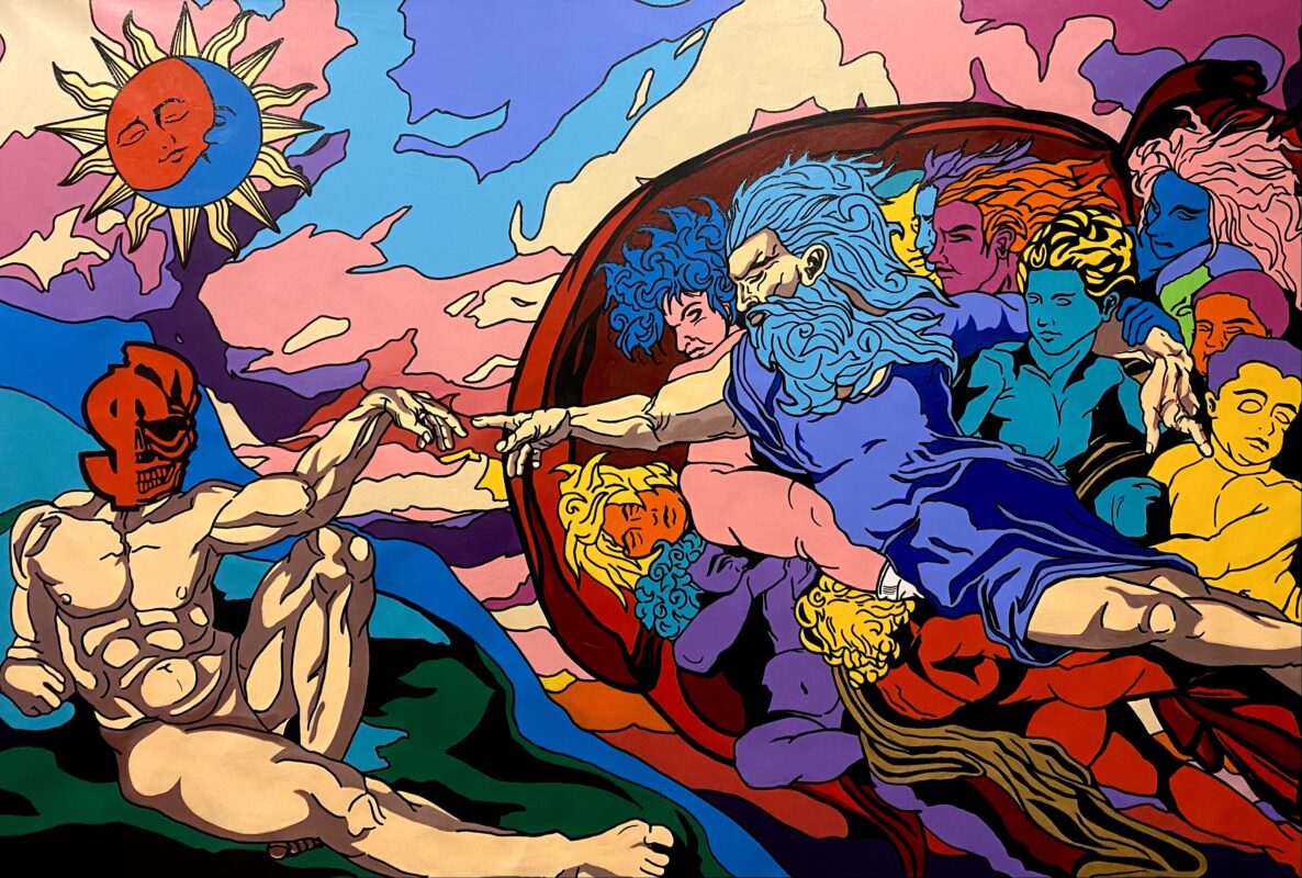 Painting of multi colored canvas with a re imagined “ Creation of Adam” painting from Michelangelo. Man on the left has a half split money skull image over his head, while on the right is a man directing his finger towards the man on the left with many vibrant multi colored figures around him.