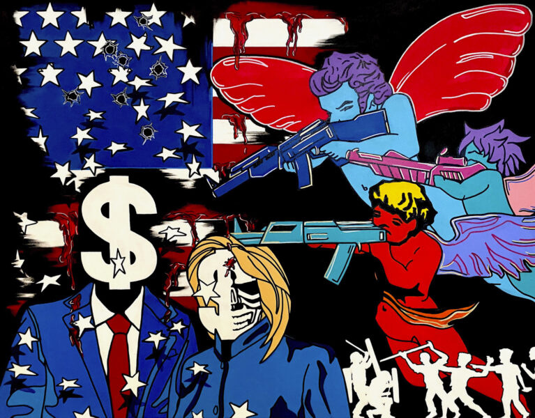 Three angels aim assault weapons at two people, one of whom has a dollar sign for a head. An American flag with bullet holes in it is above the two figures. In the lower right corner protesters fight with police.