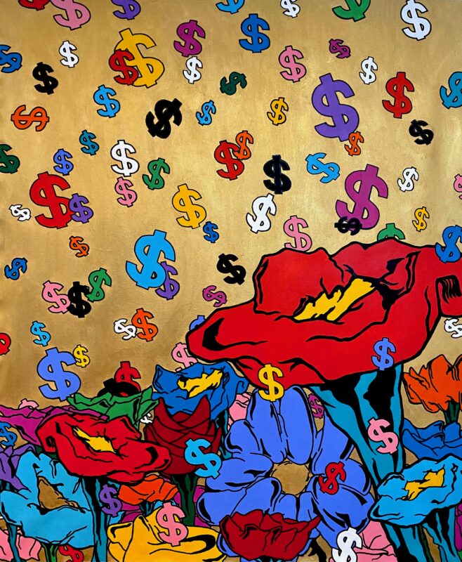Raining money symbols in a variety of vibrant colors. Raining on top of a multiple colored flowers.