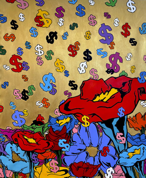 Dollar signs in many different colors fall like rain onto a field of flowers over a gold background.