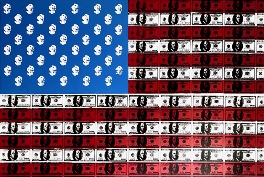 Screen printed hundred dollar bills on a red white and blue flag painted in back. Half money half skull image to replace the stars.