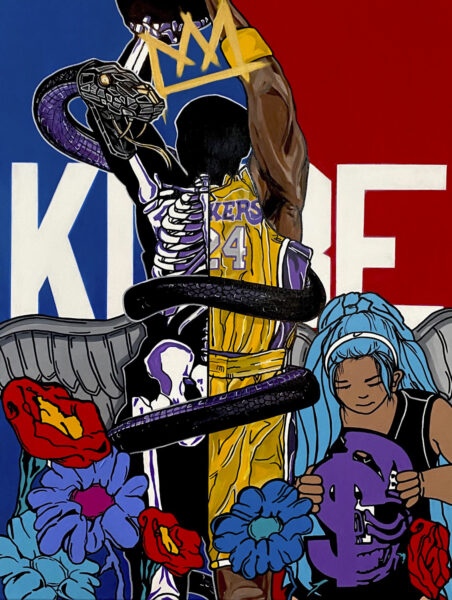 A basketball player with Kobe Bryants LA Lakers uniform jumps as if to shoot while a large snake coils around him. There is a Basquiat-esque crown floating above his head. In the lower right corner, a person with brown skin and long blue hair holds a skull and/or a dollar sign. The word KOBE is in white over a red and blue in the background.