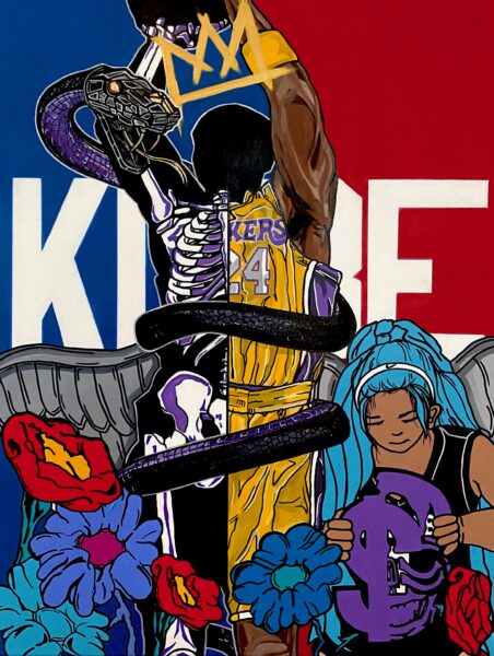 Re imagined NBA logo silhouette replaced with Kobe Bryant. Kobes’ “Mamba Snake” logo wrapped around him with a crown on top his head. Flowers located at the bottom of the painting along with Kobes’ daughter, Gianna.
