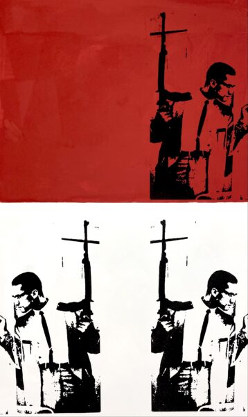 Malcolm X screen printed on a red and white split colored canvas. Printed 3 times in the top right corner, and bottom two corners in black.