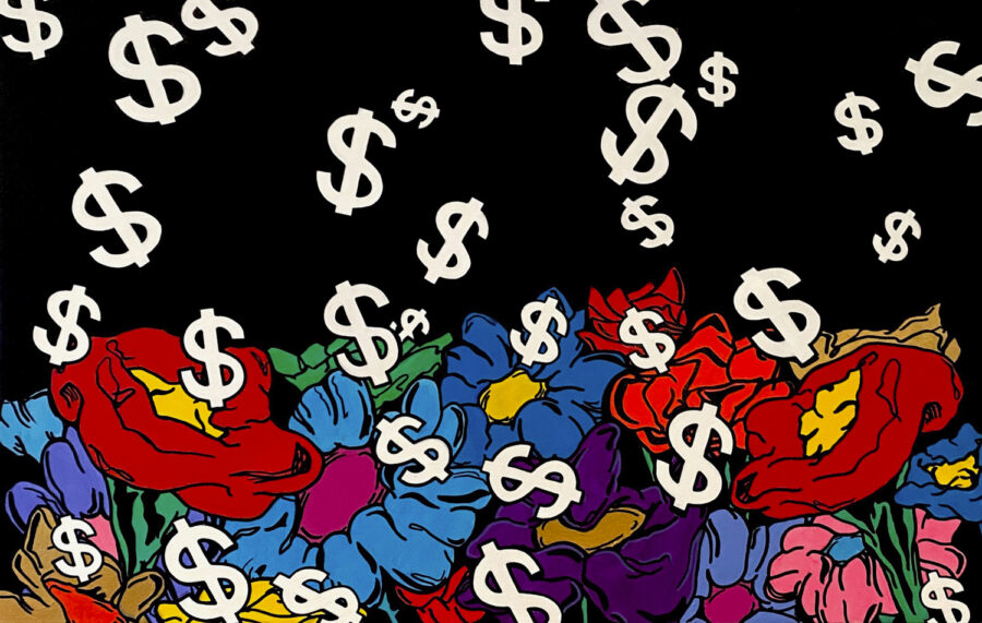 White dollar signs fall on a field of multi-colored flowers over a black background.