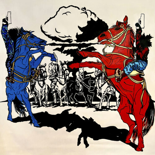 A red horse and a blue horse rear up. Each horse has a rider pointing an automatic pistol up in the air. In the background are Klansmen on horseback and a mushroom cloud.