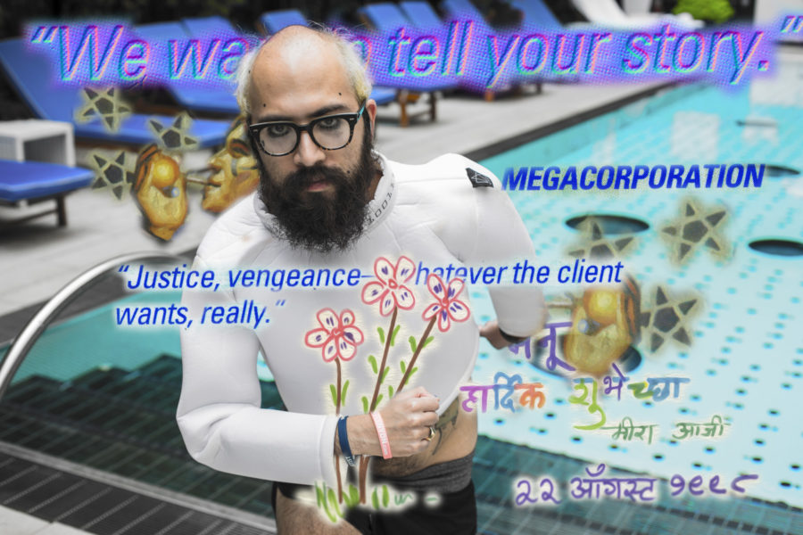 Digital c-print of artist with overlay of text and imagery. "We want to tell your story," ""Megacorporation," " Justice, vengenace - whatever the client wants, really," and arabic text is visible around the self-portrait of the artist.