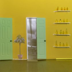 Video still of 3D modeled space, with two green doors and eight shelves with plastic water bottles on them, against a yellow wall.