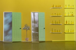 Video still of 3D modeled space, with two green doors and eight shelves with plastic water bottles on them, against a yellow wall.