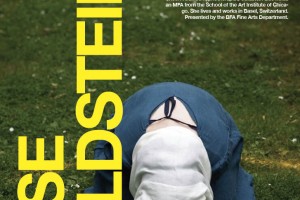 An advertisement for Elise Goldstein, at 209 East 23 Street, 3rd-floor amphitheater, on Tuesday, november 12 at 7:00pm. The poster represents a person in blue dress and white scarf on the head bowing with the head near the ground, on a field with shot grass