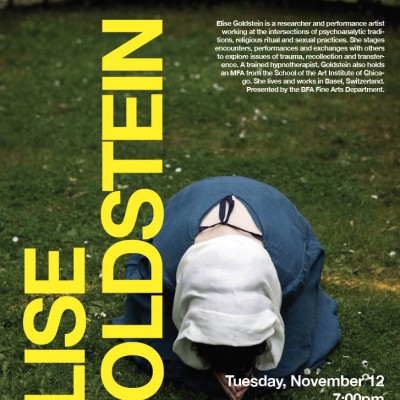 An advertisement for Elise Goldstein, at 209 East 23 Street, 3rd-floor amphitheater, on Tuesday, november 12 at 7:00pm. The poster represents a person in blue dress and white scarf on the head bowing with the head near the ground, on a field with shot grass