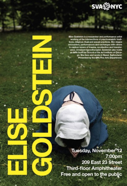 An advertisement for Elise Goldstein, at 209 East 23 Street, 3rd-floor amphitheater, on Tuesday, november 12 at 7:00pm. The poster represents a person in blue dress and white scarf on the head bowing with the head near the ground, on a field with shot grass