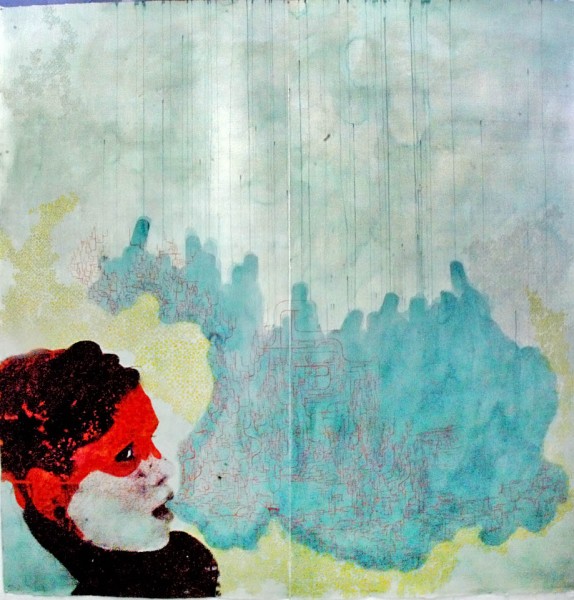 A print by Elizabeth Castaldo. A black and red person exhaling a blue cloud.