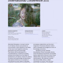 An advertisement for Embodied Fantasies: International Conference 2011 at School of Visual Arts, BFA Fine Arts Department, 335 West 16 St, New York 10011. October 28-30, 2011. Conference Organizers are Suzanne Anker and Sabine Flach. The poster shows a double exposure photograph of a young girl with a green necklace and violet dress, and on top, the second exposure of grass weeds and flowers