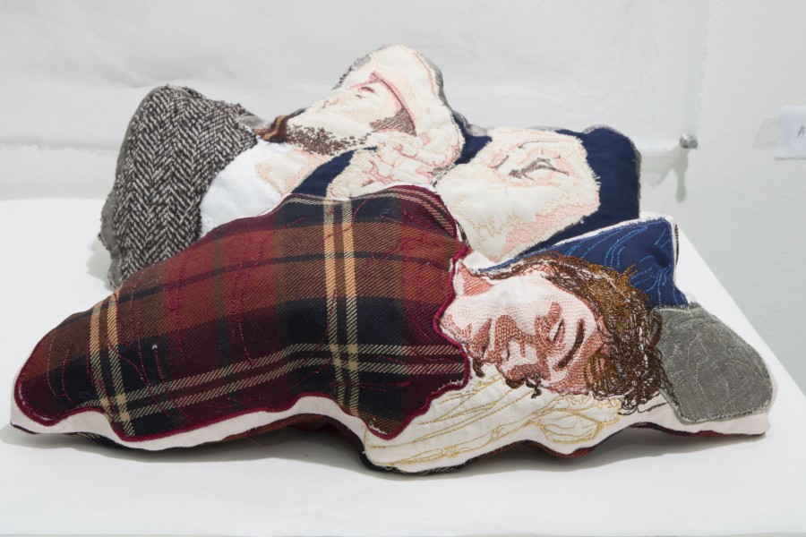 Pillows made of organic fabric and embodiments represent a person sleeping while covered with red and brown flannel blankets, blue pillows, etc.