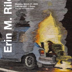 A poster advertisement for the visiting artist lecture with Erin M. Riley. The poster shows a detail of a textile artwork by Riley. The event text information is printed over the photo in white. The textile depicts a burning car.