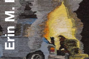 A poster advertisement for the visiting artist lecture with Erin M. Riley. The poster shows a detail of a textile artwork by Riley. The event text information is printed over the photo in white. The textile depicts a burning car.