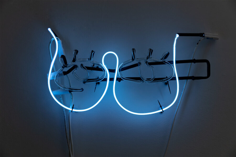 A neon light with one tube glowing bluish white, making a large loose double U shape.