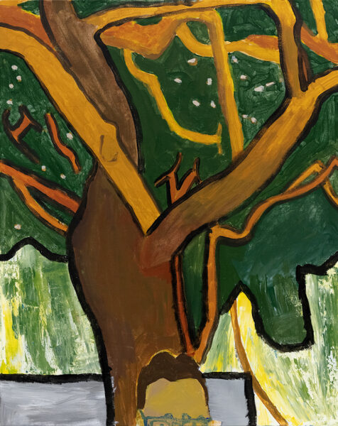 A painting of tree branches and foliage with light small white dots. The top of a human head appears in the bottom center of the picture plane.