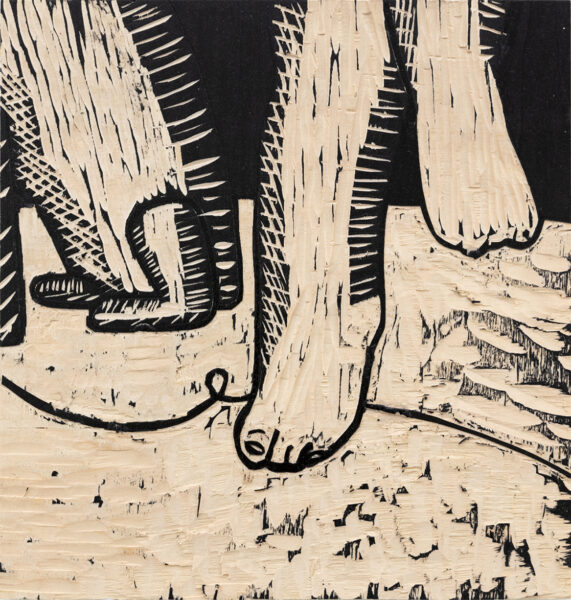 Woodcut of figure's feet, and a dog seated.