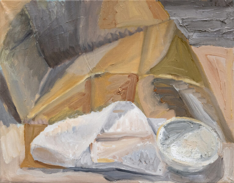 A bowl and another object rendered in white and pastel colors over a brown and yellow ground.