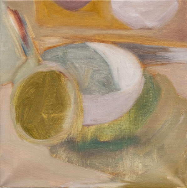 An abstract still life painting of a bowl on a surface.