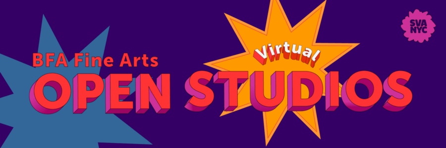 A blue and an orange star over a deep violet background with the words "BFA Fine Arts VIRTUAL OPEN STUDIOS" in red block lettering. An SVA NYC logo appears in pink in the upper right corner.