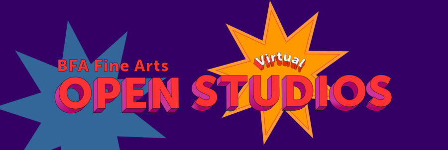 A blue and an orange star over a deep violet background with the words "BFA Fine Arts VIRTUAL OPEN STUDIOS" in red block lettering.