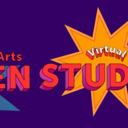 A graphic advertising the fall 2020 BFA Fine Arts virtual open studios at the school of visual arts. The graphic features the words "BFA Fine Arts Open Studios" in bold bright orange color. The background is purple with a blue and yellow polygon shapes.