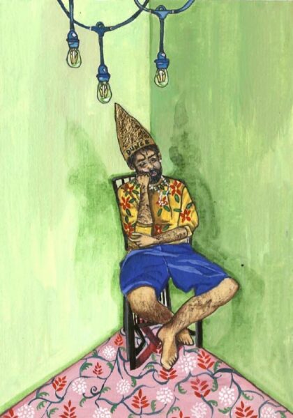 Painting of man wearing dunce cap sitting in the corner of a green room with hanging lights.