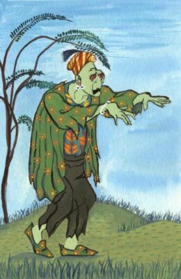 Green monster with hands outstretched wearing turban walking on green grass in front of blue sky.