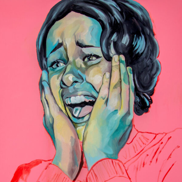A young woman is painted screaming, with her hands pressed against either side of her face. Her eyes and mouth are open and she is facing toward the viewer’s left. Her face is painted in mostly cool tones with some yellow and pink. She has short hair. The background is a flat bubblegum pink.