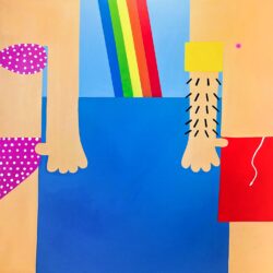 Two figures in modern bathing clothes over a blue background with a diagonal rainbow. Everything is rendered in flat solid blocks of bold colors.