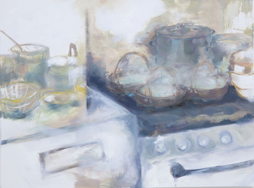 Painting of stove with baskets, soft brushstrokes.