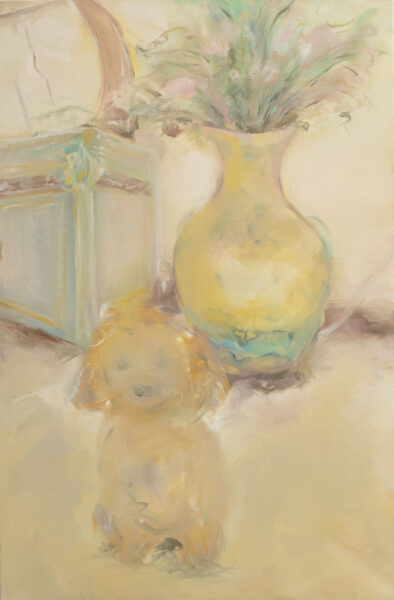 Painting of yellow vase and yellow dog, in front of yellow background, soft brushstrokes.