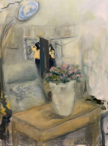 Painting of brown table with white vase of flowers, soft brushstrokes.