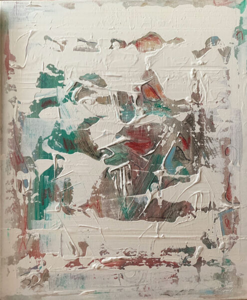 Painting of green and red covered in thick white brushstrokes.