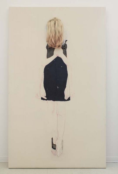 A faceless full-body portrait of a woman with a black dress and blond hair covering the face