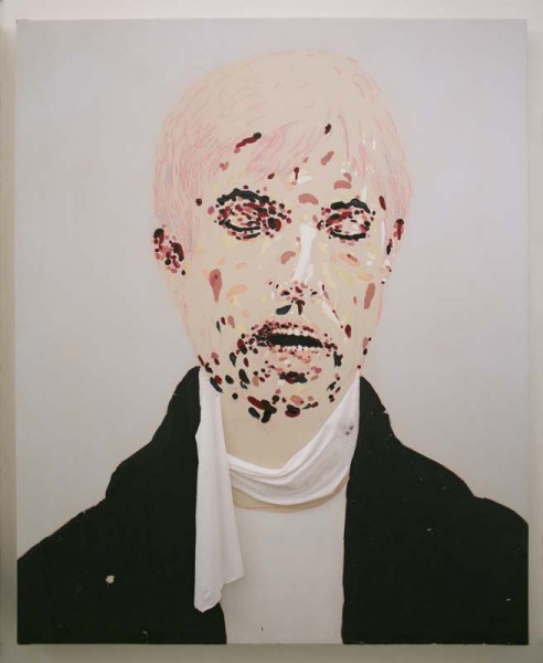 A macabre portrait of a man with wounds on his face, on a white background