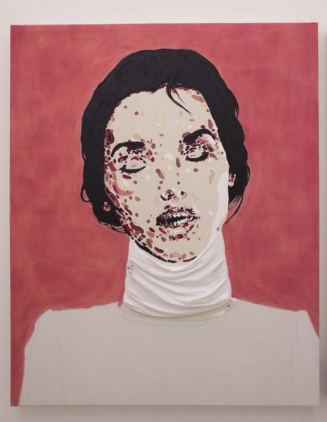 A macabre portrait of a woman with wounds on her left side of the face, eyes rolled and tore apart mouth, on a red background