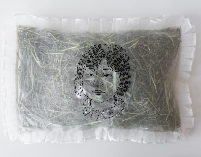 A pillow constructed of translucent white organza and stuffed with green straw. I portrait is embroidered on top of the pillow in black thread.