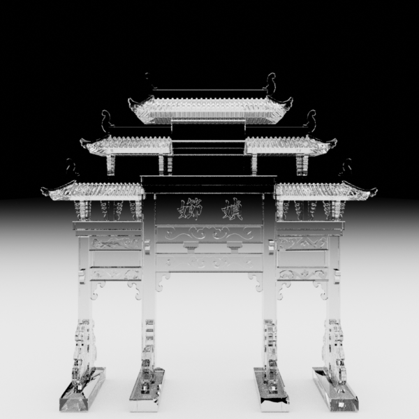 A rendering of a transparent archway shaped sculpture. The sculpture is made of clear acrylic and the background is half white on the bottom and half black on the top.