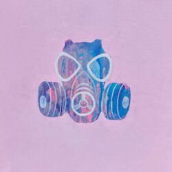 Painting of blue gas mask against a pink background.
